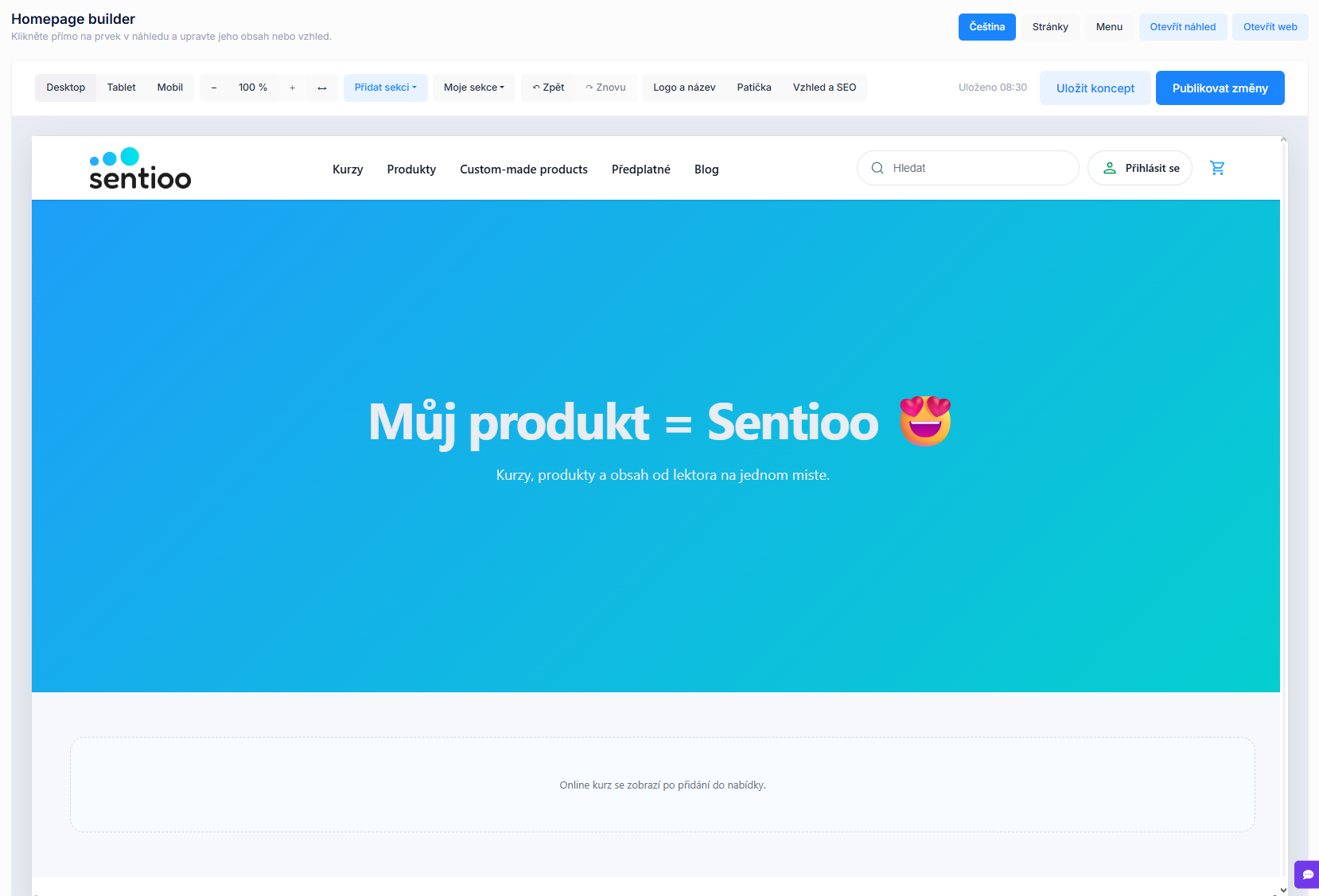 Builder webu v administraci Sentioo s živým náhledem stránky